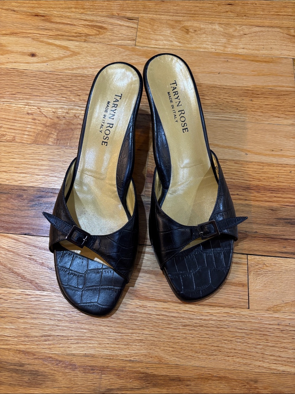 Taryn Rose Black Croc-Embossed Slide Sandals